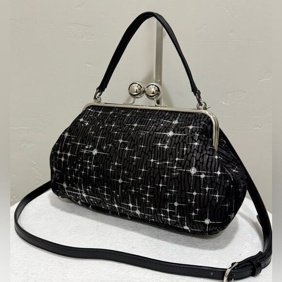 Unique Silver Stars Embossed Leather Handmade Large Balls Kisslock Handbag - Picture 1 of 17